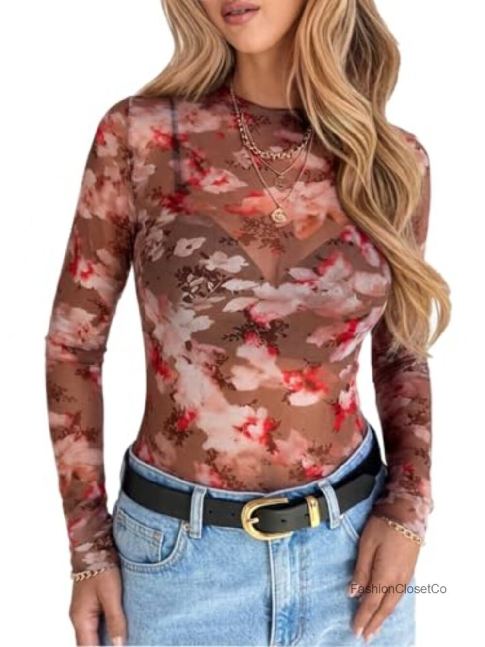 Sheer Lace Long Sleeve Mock Neck Mesh Blouse for Women